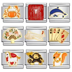 URING Unique Poker Animal Dragonfly Horse Crab Italian Charm Link Fit 9mm Stainless Steel Bracelet DIY Making Beads Jewelry