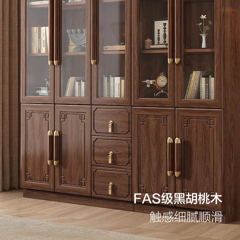 New Chinese Solid Wood Bookcase Black Walnut Bookcase Combination Glass Cabinet with Door Floor to Wall Study Furniture Locker