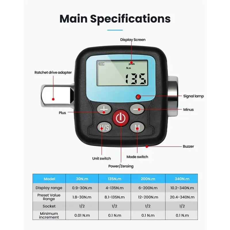 ABBP-High Precision Torque Adapter Square Drive 1/2''1/4'' 3/8'' Torque Wrench Bike Car Repair Electronic Torque Meter
