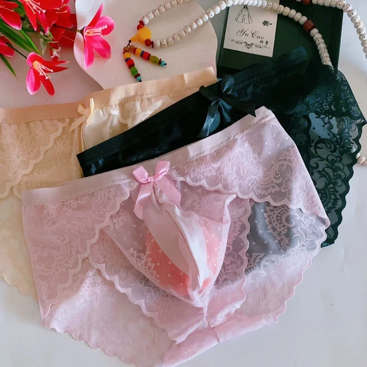 Man's Sexy See Through Lace Bow Briefs Sissy Panties Cross Dressing Erotic Underwear Live Show Dance Costumes Private Party - Image 5
