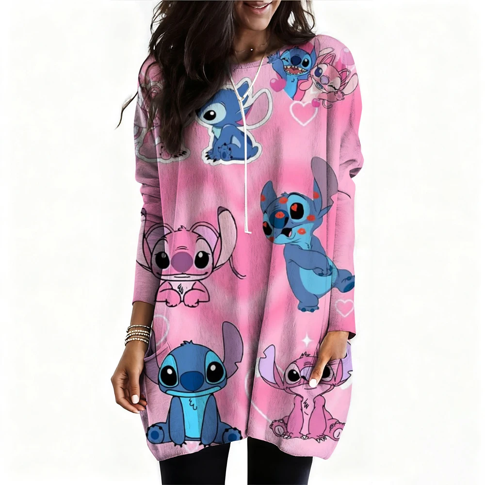 

Disney Stitch print women's spring and autumn loose casual fashion flower graphic printed long sleeved round neck T-shirt ﻿