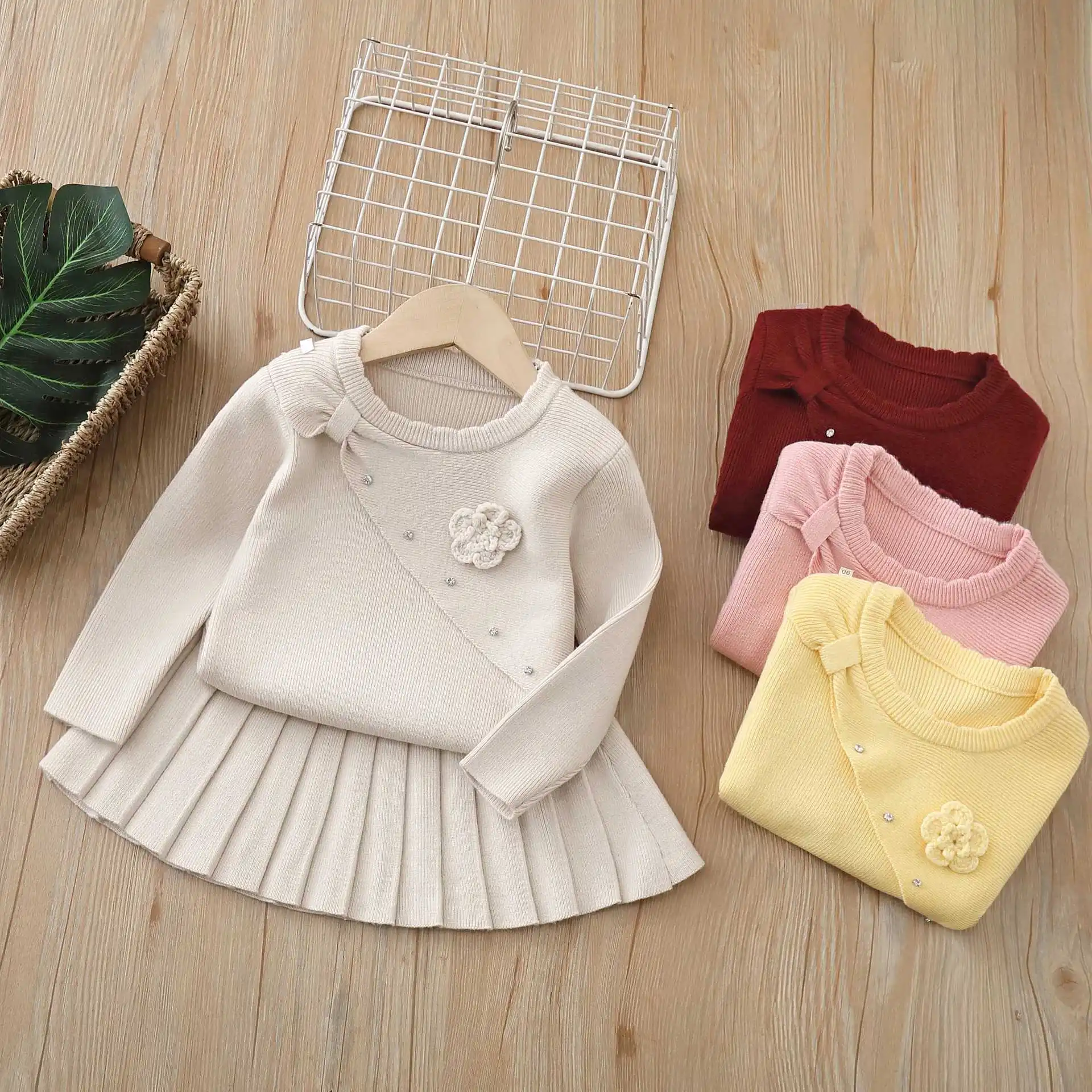 2026 New Girls Fall Winter Knit Pullover & Skirt Set, Floral Print, Korean Beautiful Princess Cute Style Outfit for Toddler