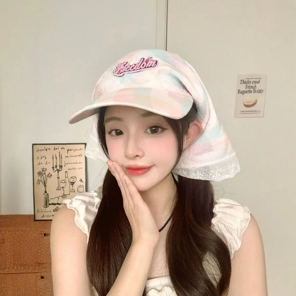 

Creative Korean Style Plaid Baseball Cap Embroidery Cotton Strappy Bandana Hat Hair Band Sunscreen Letter Headscarf Hat Vacation