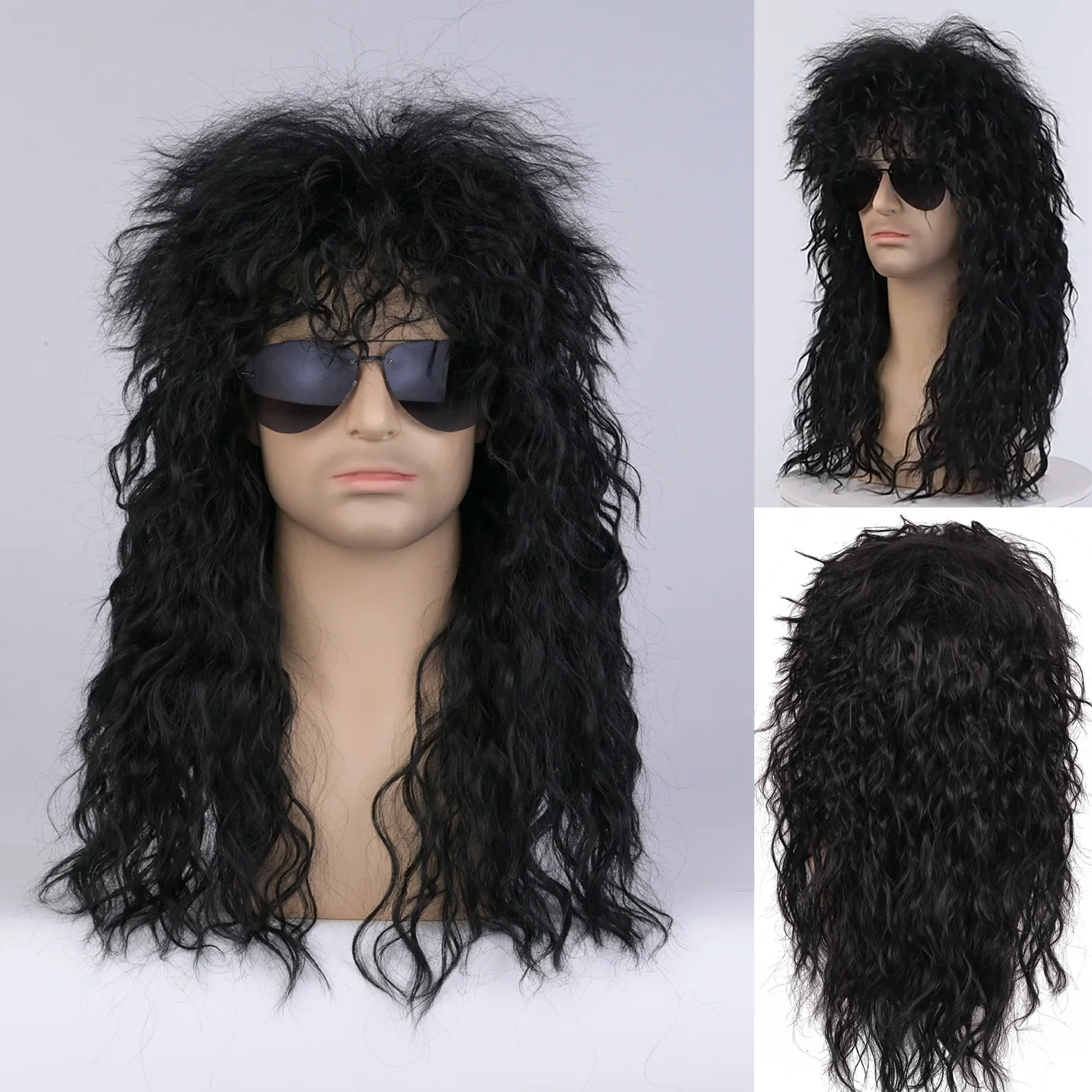 Long Curly Synthetic Wig Grey Black Wig With Bangs Male Cosplay halloween Wigs Puffy High Temperature Fiber For Young Men