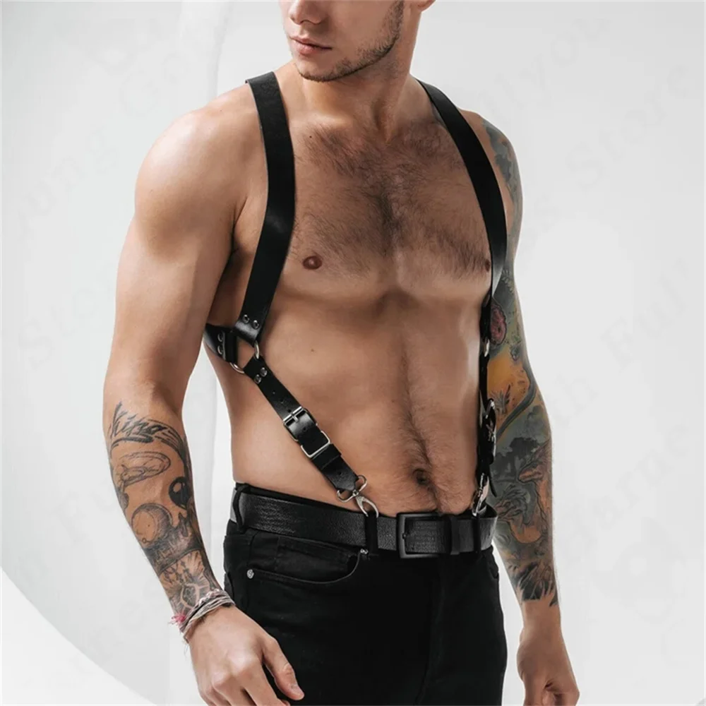 Men Harness Belts Fetish Gay Clothing for Sex Rave Sexual PULeather Chest Adjustable BDSM Gay Body Bondage Cage Harness Lingerie