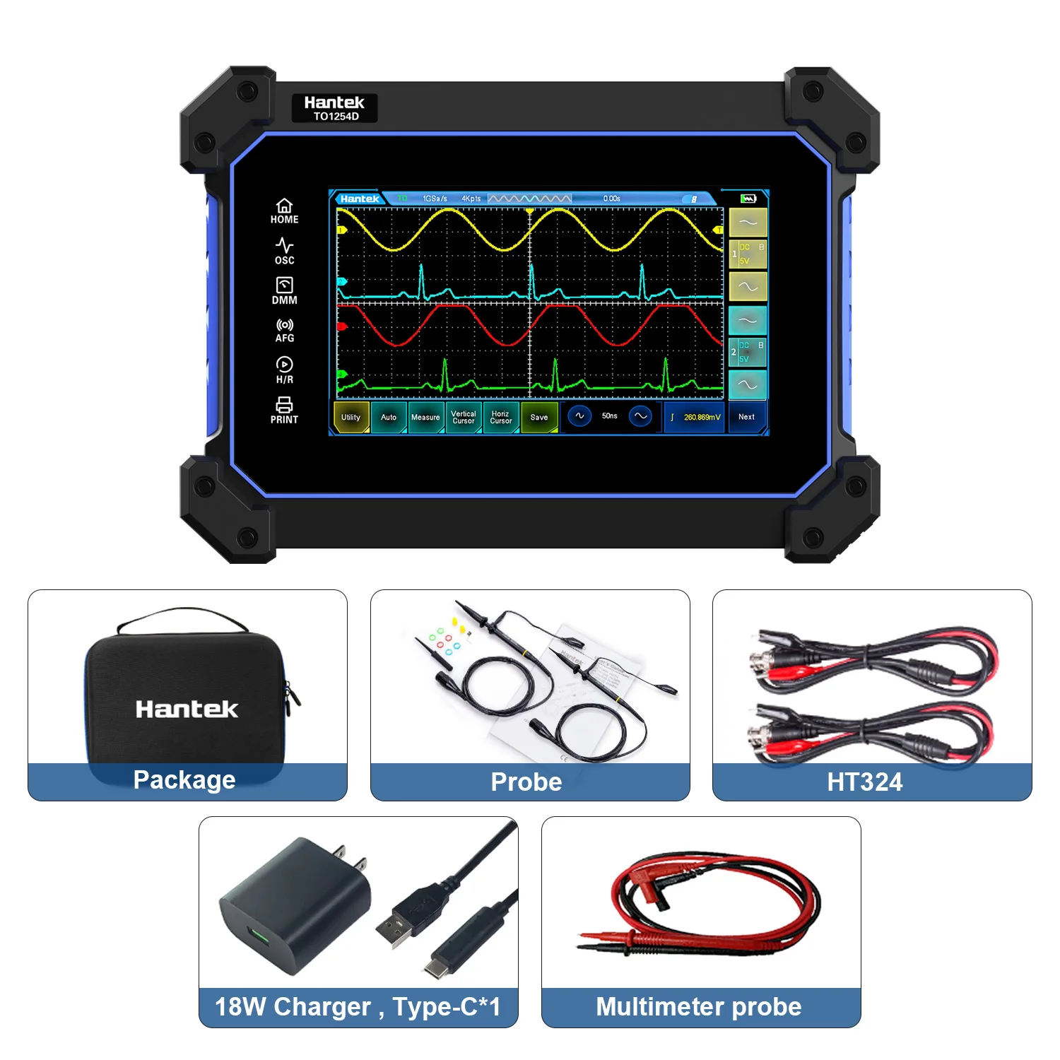 Hantek TO1004D multimetr z ekranem dotykowym oscyloskop 4-kanałowy 250MHz Osciloscopio + Generator sygnału + multimetr