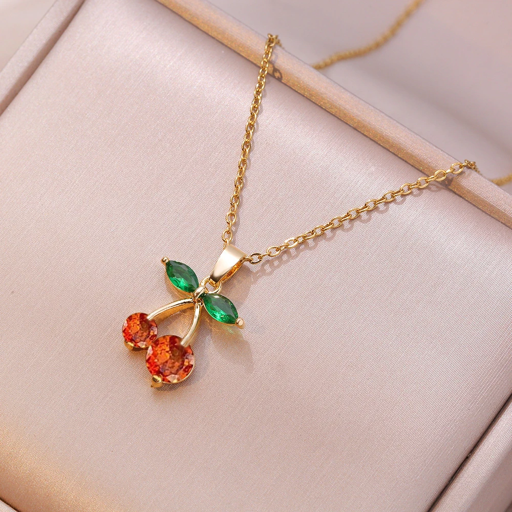 المرأة تألق الكرز الأحمر قلادة الأزياء مزاجه الفولاذ المقاوم للصدأ الترقوة سلسلة مجوهرات تنوعا الإكسسوار للفتيات