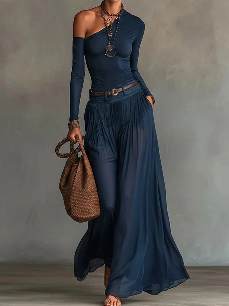 

Spring Summer Women's Skew Collar Long Sleeve Pullover Top with Maxi Skirts Two-Piece Set Solid Patchwork Holiday Ladies Outfit