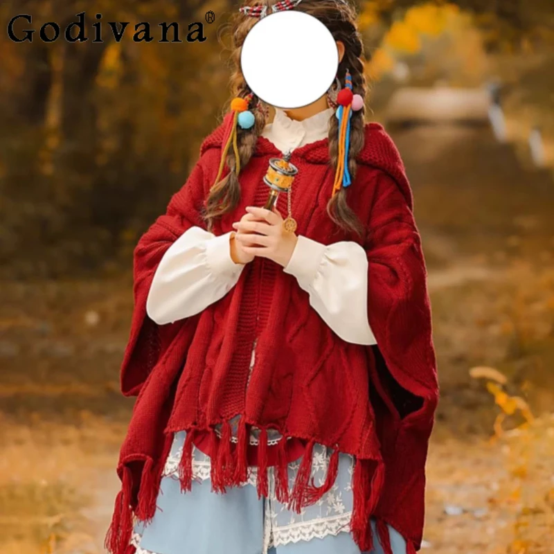 

Красный рождественский новогодний плащ в стиле Лолиты, женский осенне-зимний милый накидка с капюшоном, женское пальто в японском стиле, милые пончо