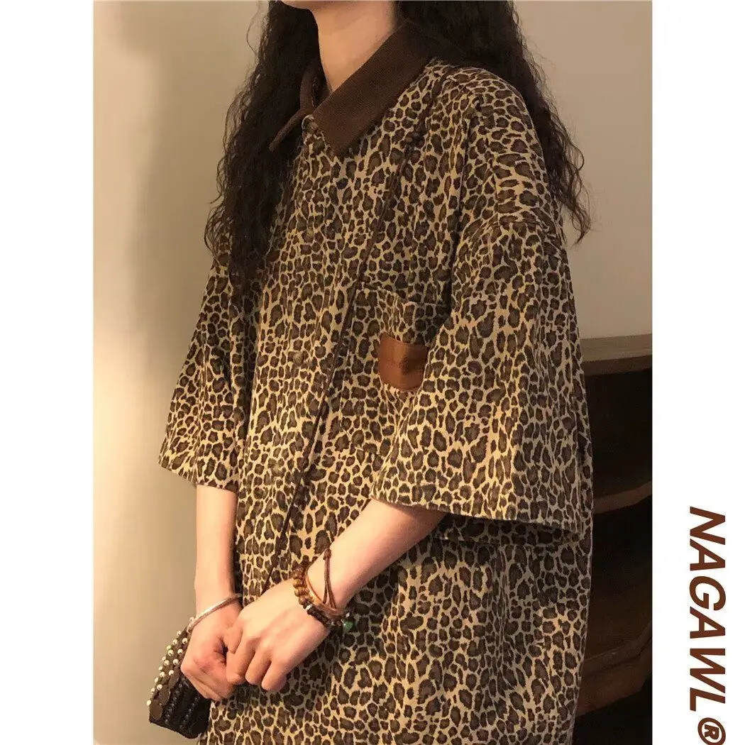 Summer Thin Leopard Print Patchwork Short Sleeve Shirt Unisex Japanese Retro Style High Street Design Sense Top Trendy