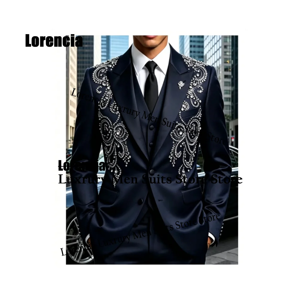Customized Jewelry Diamond For Men Suit Graceful Embroidery 3 Pieces Groom Male Blazers Ropa hombre Luxury Slim Wedding Tuxedos