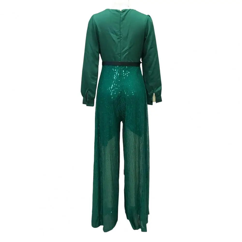 Comfortable Wide-leg Jumpsuit Elegant Sequin Jumpsuits for Women V-neck Long Sleeve Romper Sparkly Wide Leg Pants for Autumn