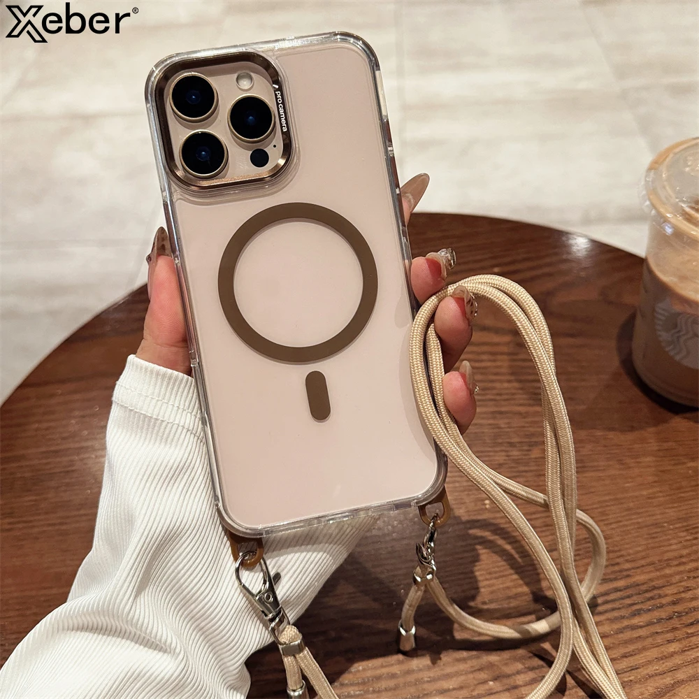 Crossbody Lanyard Necklace Transparent Magnetic For Magsafe Phone Case for iPhone 15 11 12 13 14 16 Pro Max Plus Anti-lost Cover