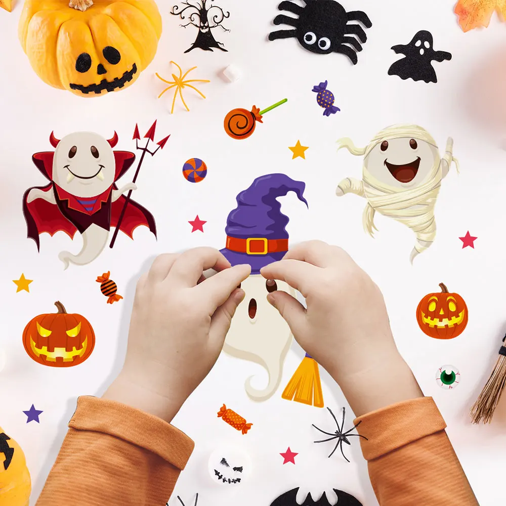 Buat wajah stiker Halloween permainan Puzzle anak buat hantu penyihir DIY merakit Jigsaw mainan pesta anak-anak