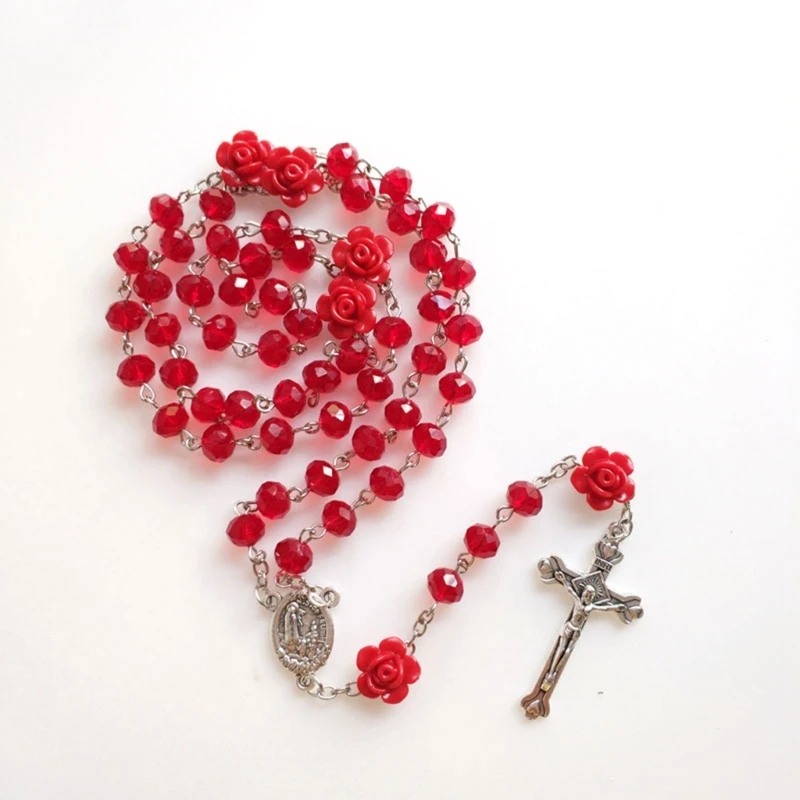 Red Rose Crystal Rosary Necklace Catholic Vintage for Cross Pendant Long Necklace Religious Jewelry Gift for Women Girls