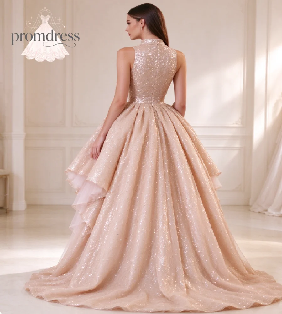 Champagne Sequin Hi Low Evening Gowns Sparkly Tiered Ruffles Birthday Dresses Sexy O Neck Sleeveless Prom Dress Cocktail Party