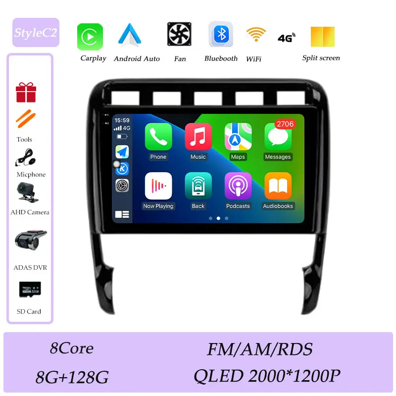 CarPlay voor Porsche Cayenne I 1 9PA 2002-2010 Autoradio Multimedia Speler GPS Navigatie Bluetooth 4G DSP Stereo QLED Scherm