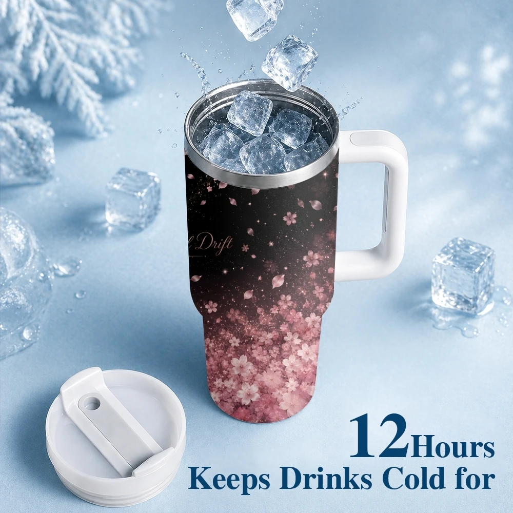 Starry Sakura Night Series Vacuum Flasks 40oz Stainless Steel Insulated Tumbler With Handle & Straw Leakproof Travel Mug