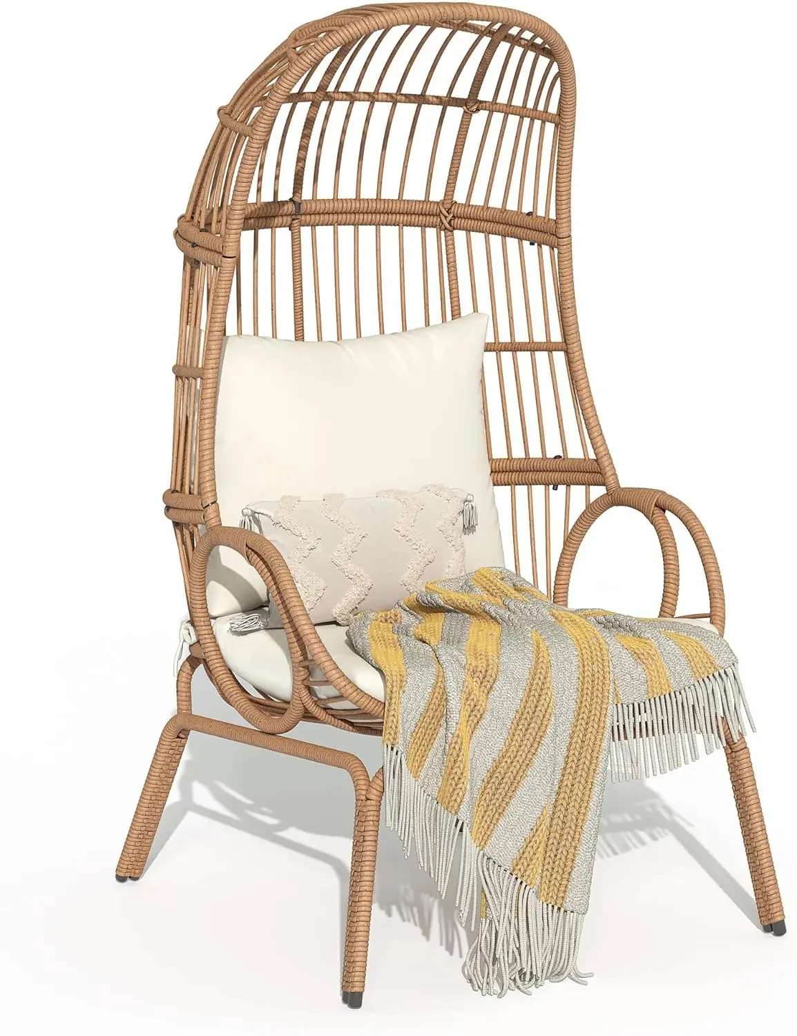 Outdoor Narrow Egg Chair Wicker, Patio Rattan Basket Chair Indoor with Stand & Cushion Cocoon Chair for Bedroom, Patio, Balcony