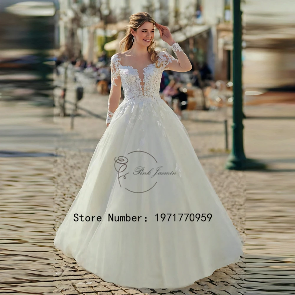 

Gorgeous Wedding Dresses For Women Deep V Neck Full Sleeves Applique Elegant Bridal Gowns Button Back A Line Vestido De Novia