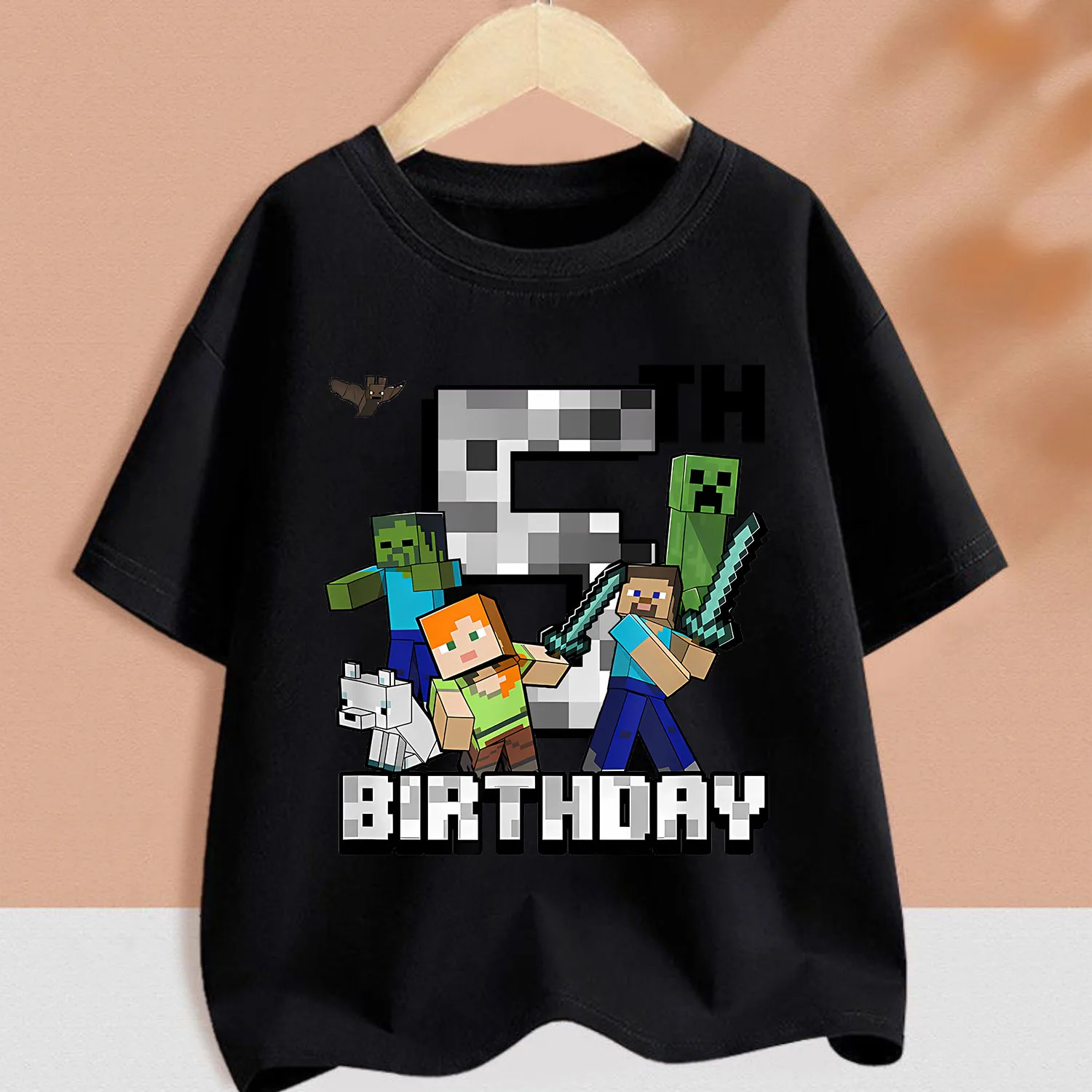 Pixel Game T-shirt nera per bambini Compleanno Figura Vestiti Cartoon Colletto tondo Abbigliamento Bambini Manica corta Estate Tee Top regalo