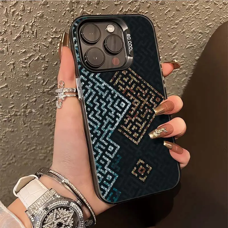 

Artistic grid design phone case for iPhone 16 15 14 13 12 11 Pro/ Max/Plus shock-proof rear cover anti-fingerprint