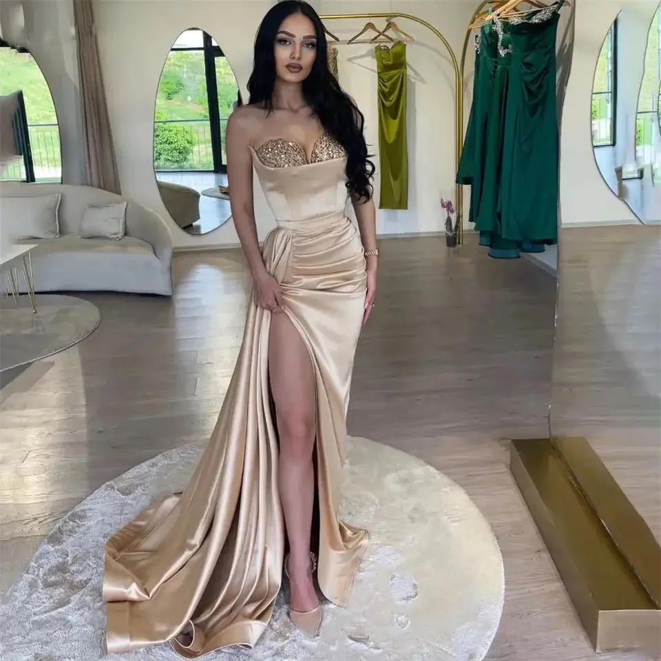 

Custom Made 2024 Champagne Mermaid Evening Dresses Sexy High Side Slit Prom Dress Pleat Bridesmaid Party Gowns