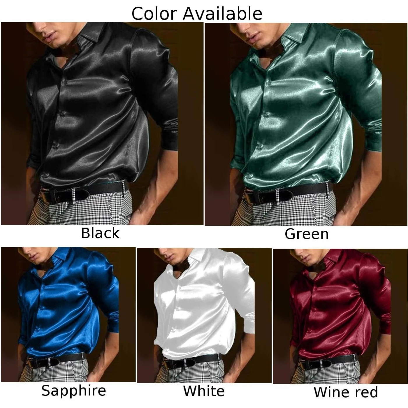 Fashion Mens Satin Silk Dress Shirts Long-Sleeve Social Single Breasted Button Turn Down Collar Shirts Wedding Party Man Clothes