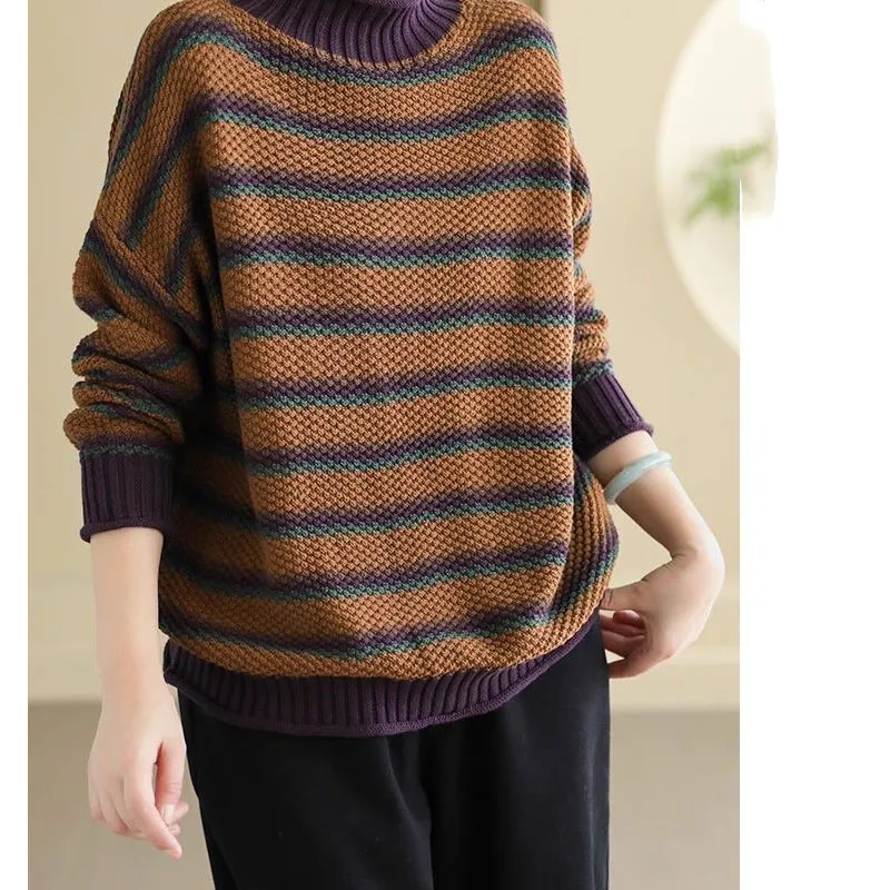 New Autumn and Winter Fashion Lazy Style Retro Stripe Half High Neck Loose and Versatile Western Style Slim Women\'s Sweater