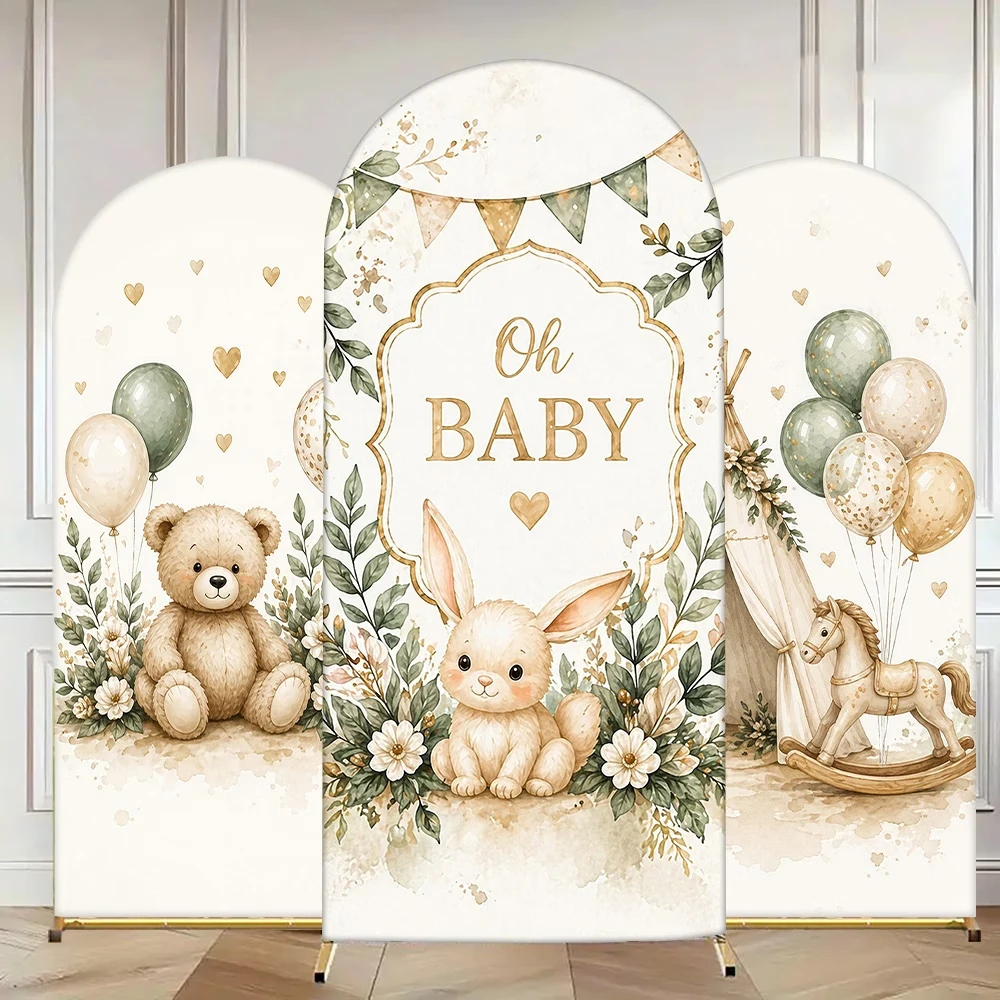 Oh Baby Teddy Bear And Bunny Backdrop Boho Greenery Newborn Baby Shower Background Balloons Wild Camping Arched Wall Cover