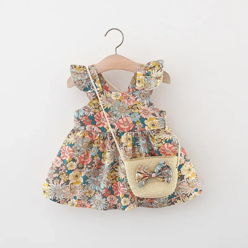 

Summer Baby Girl's Dress New Vintage Garden Flower Flying Sleeve Dress with Straw Bag