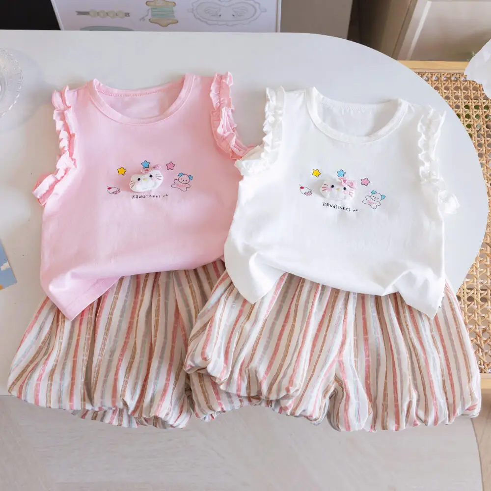 

Костюм Sanrio Hello Kitty для девочек, летний, 2026, новый, с коротким рукавом, корейский мультяшный жилет, полосатые брюки с цветочным принтом, комплект из 2 предметов
