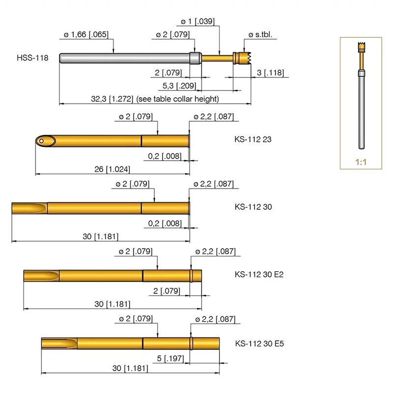 INGUN HSS-118 306 250 A1502 High Current Spring Test Probe Outer Diameter 1.65mm 16A ICT FCT Test