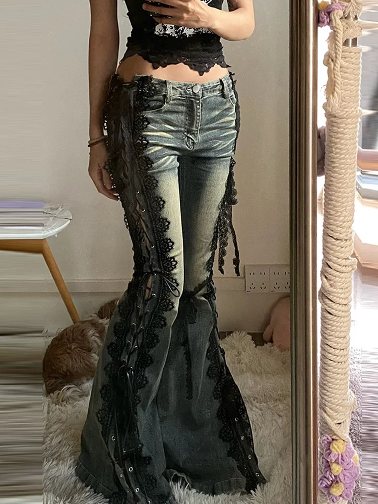 

American High Street Subculture Lace Tie Slit Jeans Women Summer Spicy Slimming Micro Flared Pants Low Waist Pure Color