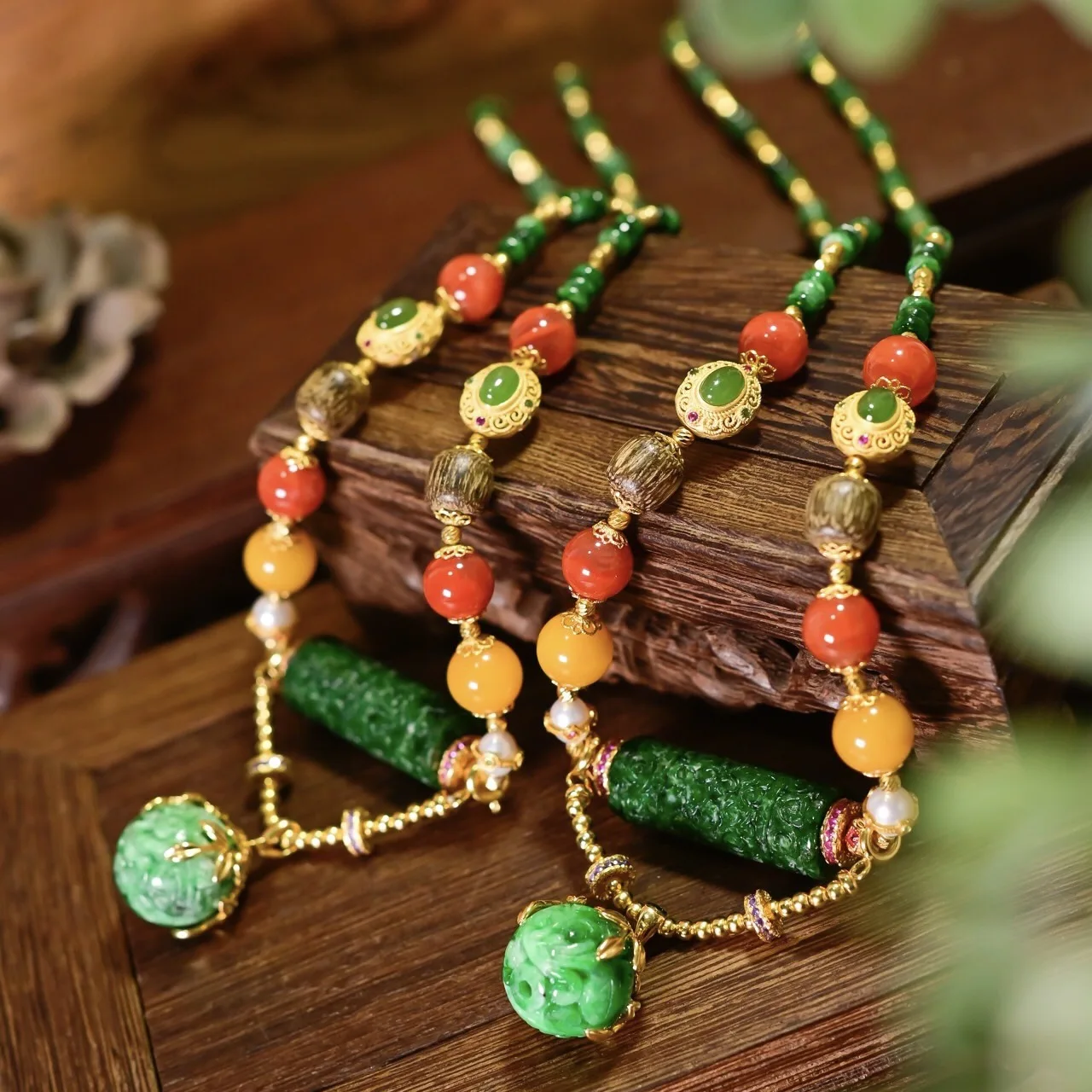 Chinese Style Multi-Gemstone Necklace, A-Grade Intense Green Carved Cylinder Jade, Amber Agate 925 Gold Plated, Gemstone Jewelry