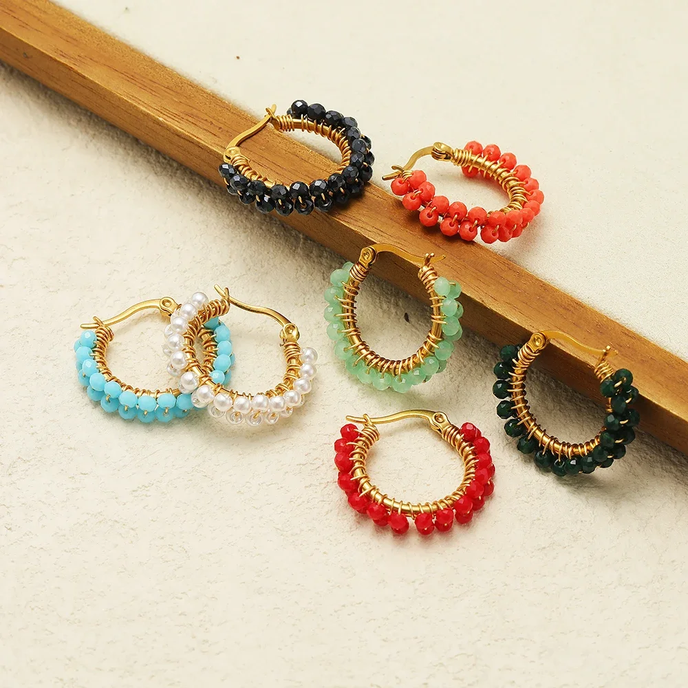 1 Pair Stainless Steel Hoop Earrings Crystal Beads Winding Earrings Fashion Gold-plated Earrings Women Trend Jewelry Gifts Bulk