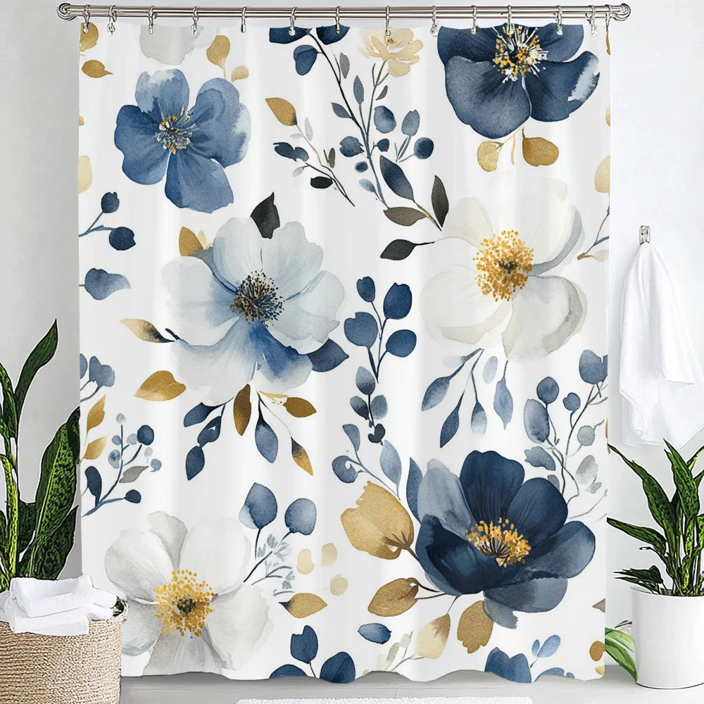 Watercolor Blue White Hanging Floral Leaf Hummingbird Nature Art Pattern Shower Curtain Waterproof Mildew Resistant Polyester Fa