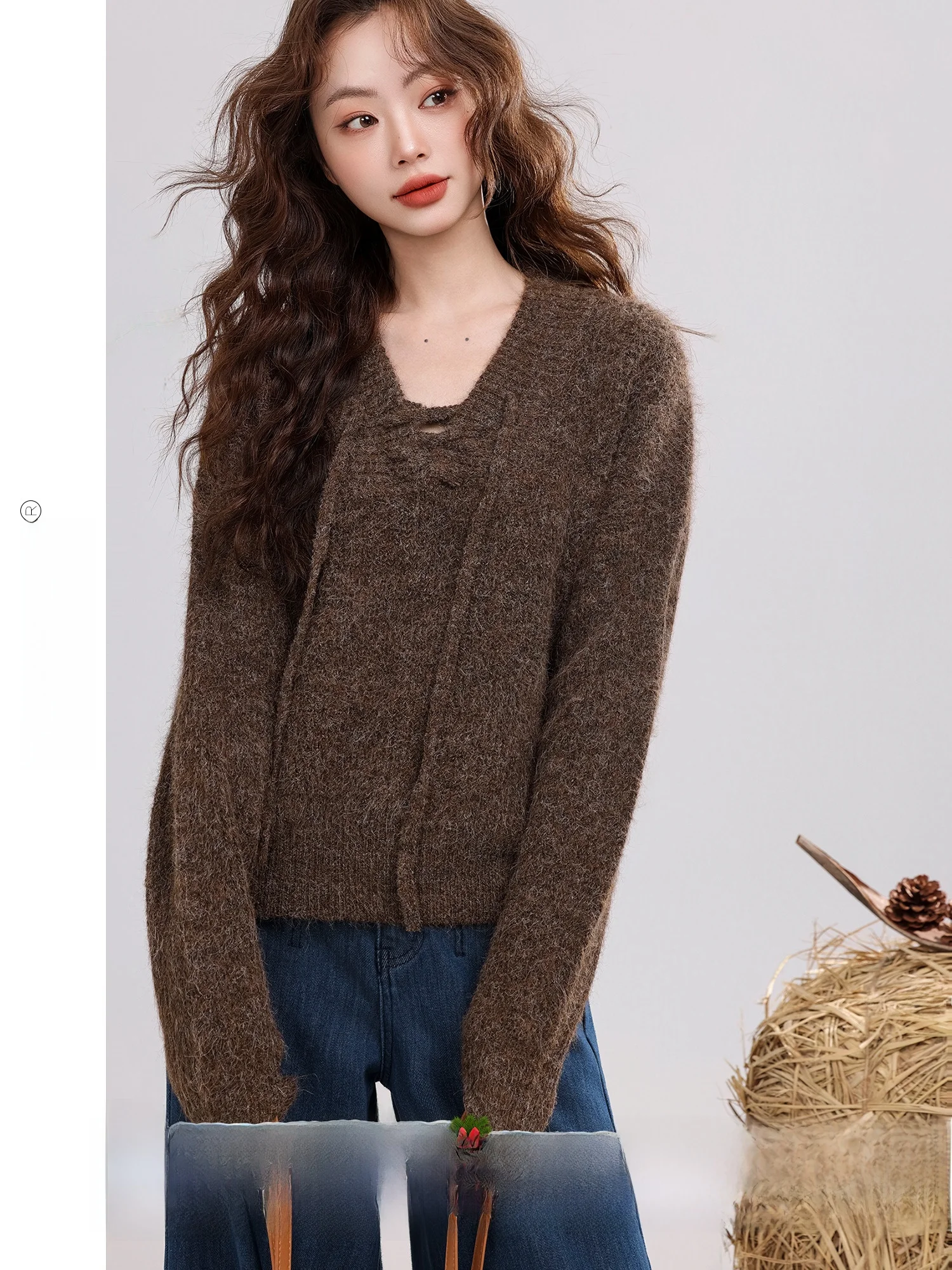 

Простой свитер Lazy Sle V-Ne, женский повседневный универсальный свитер с завязками, зимнее новое поступление, удобный длинный свек из полиэфирного волокна