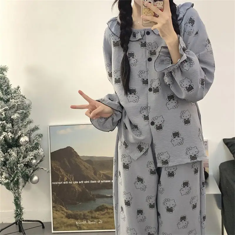 Miniso Hello Kitty Pyjama Pop Kraag Puur Katoenen Print Lange Mouw Pyjama Herfst/Winter Meisjes Vest Huiskleding