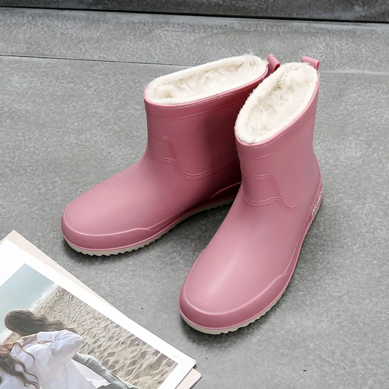 Women's Fashion Rain Boots Autumn Winter Thickened Fleece Inner Anti-slip Integrated Warm Mid-calf Winter Water Shoes