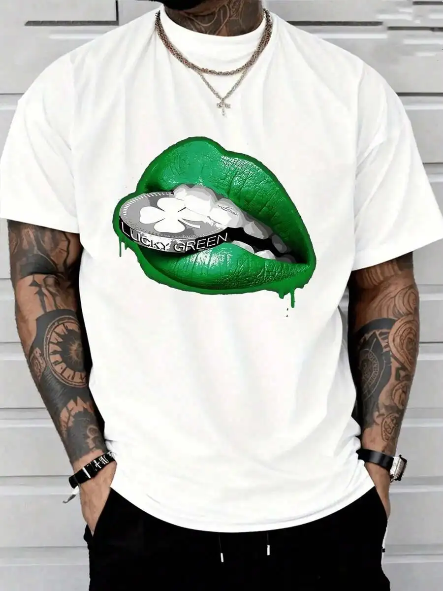Witllent Men's 100% Cotton Lucky Green Design Printed Lips Coin T-Shirt Vintage T-Shirt, Men's Christmas 220g Heavy Cotton T-Shi