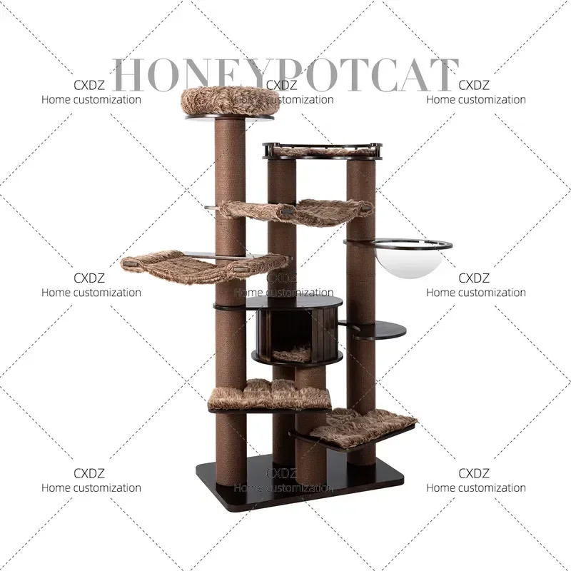 Large Solid Wood Cat Climbing Frame Multi Layer Cat Tree for Big Cats Black Walnut Finish Sturdy Pet Activity Center