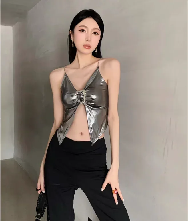 Y2k Camis Streetwear Harajuku Vintage Women Japanese Sexy Crop Top Camis Aesthetic Grunge Silver V-neck Buckle Cyber Spaghetti