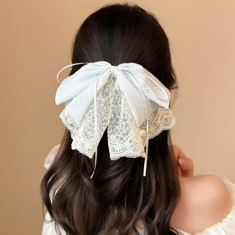 

Ethereal Tulle Lace Hair Claw Clip with Pearl Bow Polka Dot Striped Satin Scrunchie for Women High Aesthetic Ponytail Holder