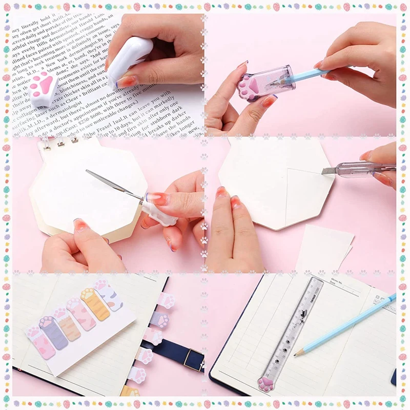 8 Pcs Cute Cat Paw Stationery Set Kawaii School Supplies Including Pencil Sharpener Retractable Eraser Reusable (White)