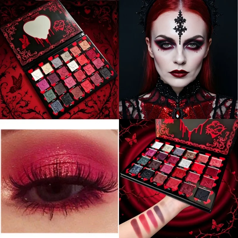 24-Color Red Black Smoky Eyeshadow – Matte Shimmer Metallic, Goth Glam Maximalist Makeup, Smudged Vampire Look, Daily to Party