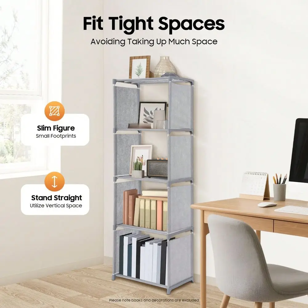 

4Tier Floor Bookshelf, Galvanized Tube 17.64lbs Per Tier Load Capacity, Slim SpaceSaving Open Storage Rack For Living Room Stud
