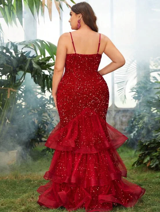 Plus Size Women Long Red Dresses Sequins Mesh Splicing Party Dresses Fashion Sleeveless Sling Elegant Dresses Large Size Female