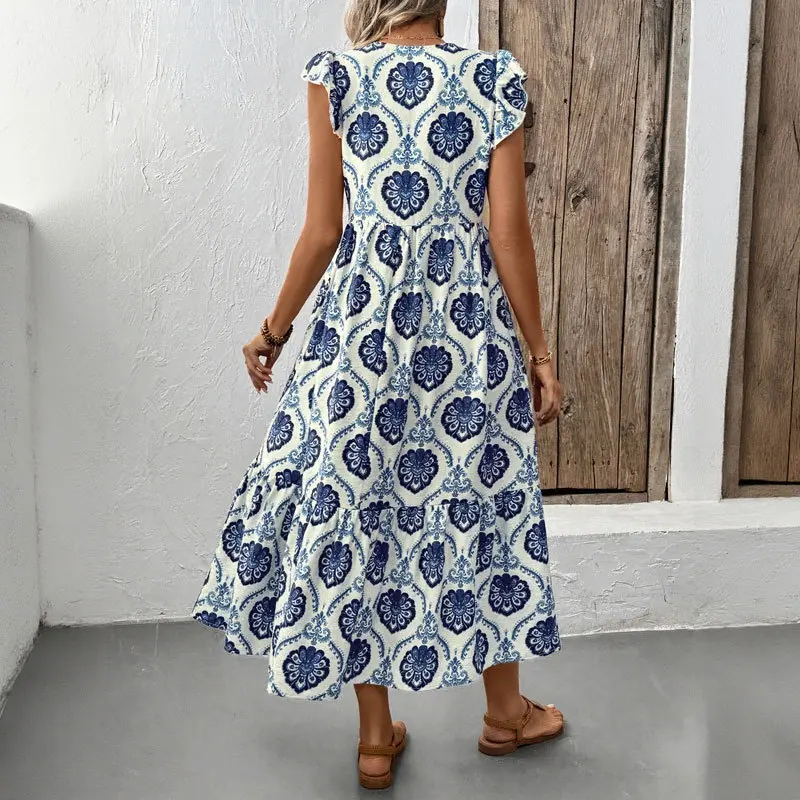 Sommer Neue Französisch Urlaub Stil Lose Tiefem V-ausschnitt Floral Gedruckt Lange Kleid 2025, Frauen Mode Bohemian Kleid Vestidos De Mujer