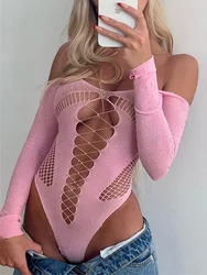 Tossy-Body de encaje rosa para mujer, Tops con hombros descubiertos, malla ahuecada, transparente, Top de cuerpo femenino, Top de lencería de club nocturno sin espalda caliente